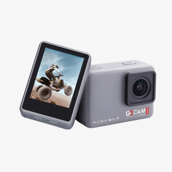 Digitek GoCAM DAC-002 5K action camera – front view with waterproof case